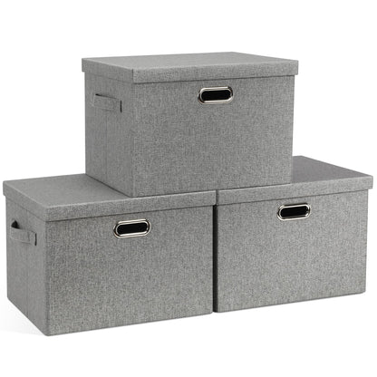 Graciadeco Large Quart Collapsible Stackable Storage Bins with Lids, 3 Packs Beige Linen Fabric Closet Boxes with Lids, Storage Cube Baskets Container Organizers for Bedroom Office(16.6 x 11.7 x 10.8)