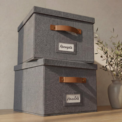Decorative File Organizer Box Set of 2 - Collapsible Linen Filing Cabinets