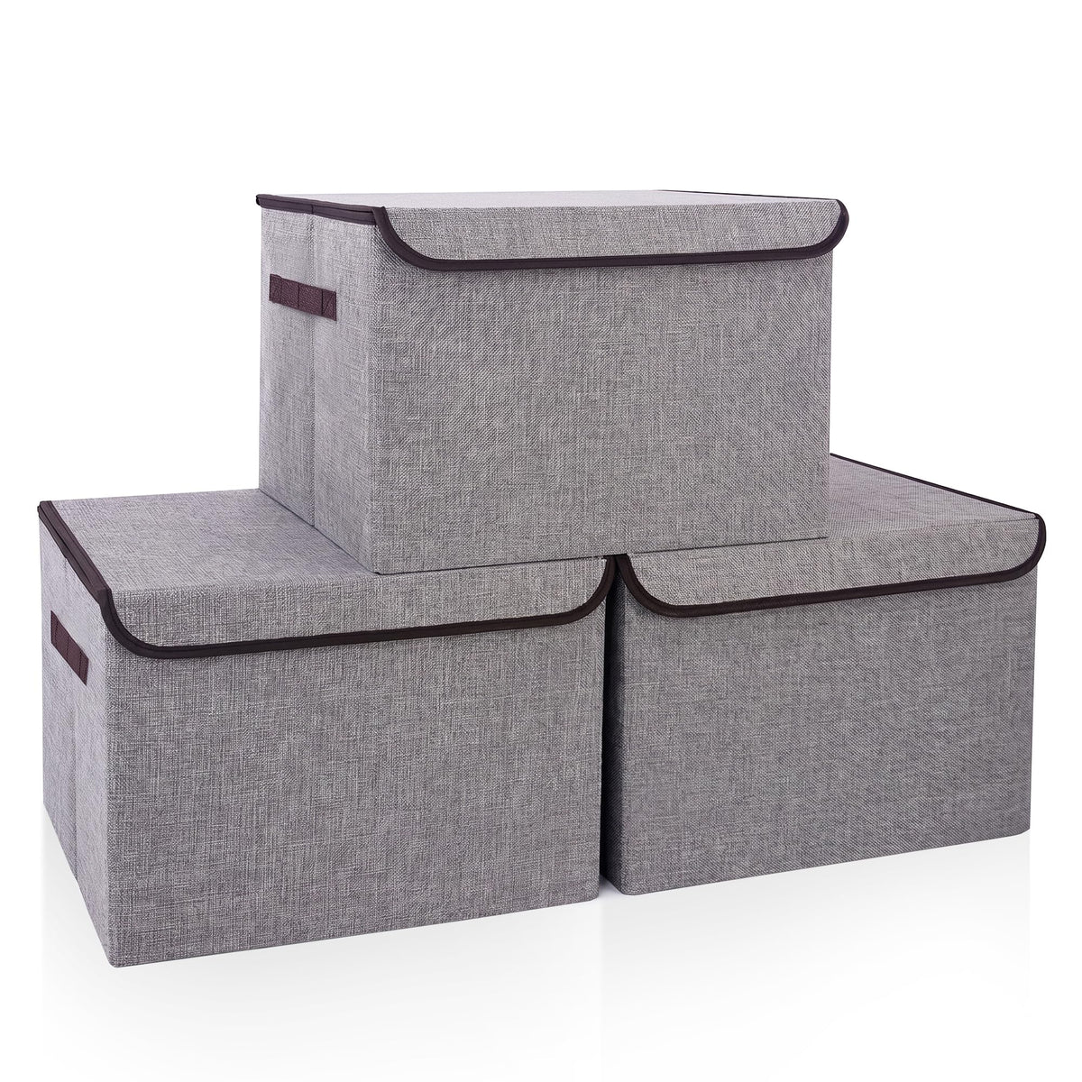 Bagnizer Large 17" 42 Quarts Collapsible Stackable Storage Bins with Lids [3-Pack] Foldable Fabric Linen Storage Boxes Cube, Closet Organizer Baskets with Label (16.7 x 12 x 12, Black)