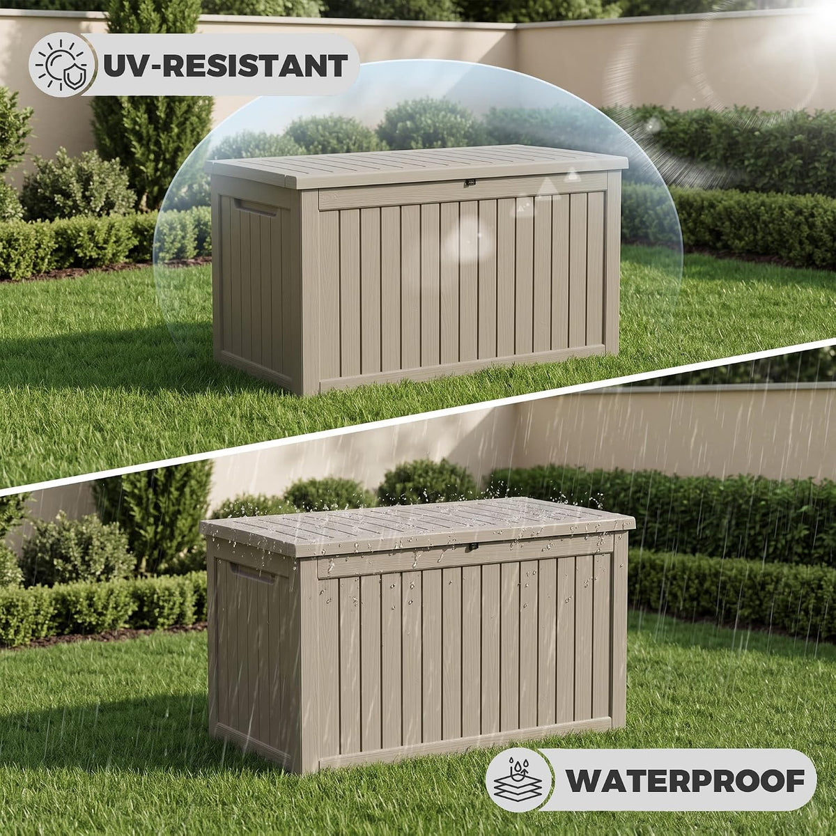 300 Gallon Resin Deck Box Waterproof Outdoor Storage Box for Patio Furniture Pool Accessories Indoor Storage for Cushion Garden Tools, Grey