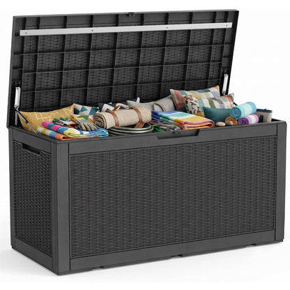 PatioZen 150 Gallon Resin Deck Box, Lockable Patio Outdoor Storage Box for Furniture, Garden Tools and Tools Storage, Waterproof Outside Storage Boxes - Black