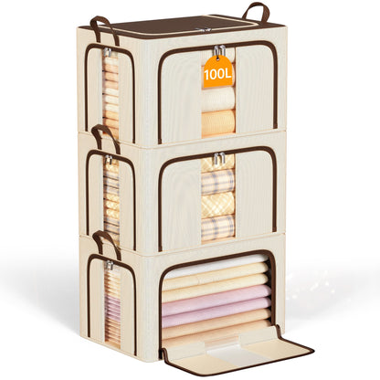 Clothes Storage Bins with Metal Frame Foldable Storage Box Clothes Organizers Storage Containers for Clothes Sheets Blankets Books Toys Gifts and Holiday Decorations (66Lx3 Pack)