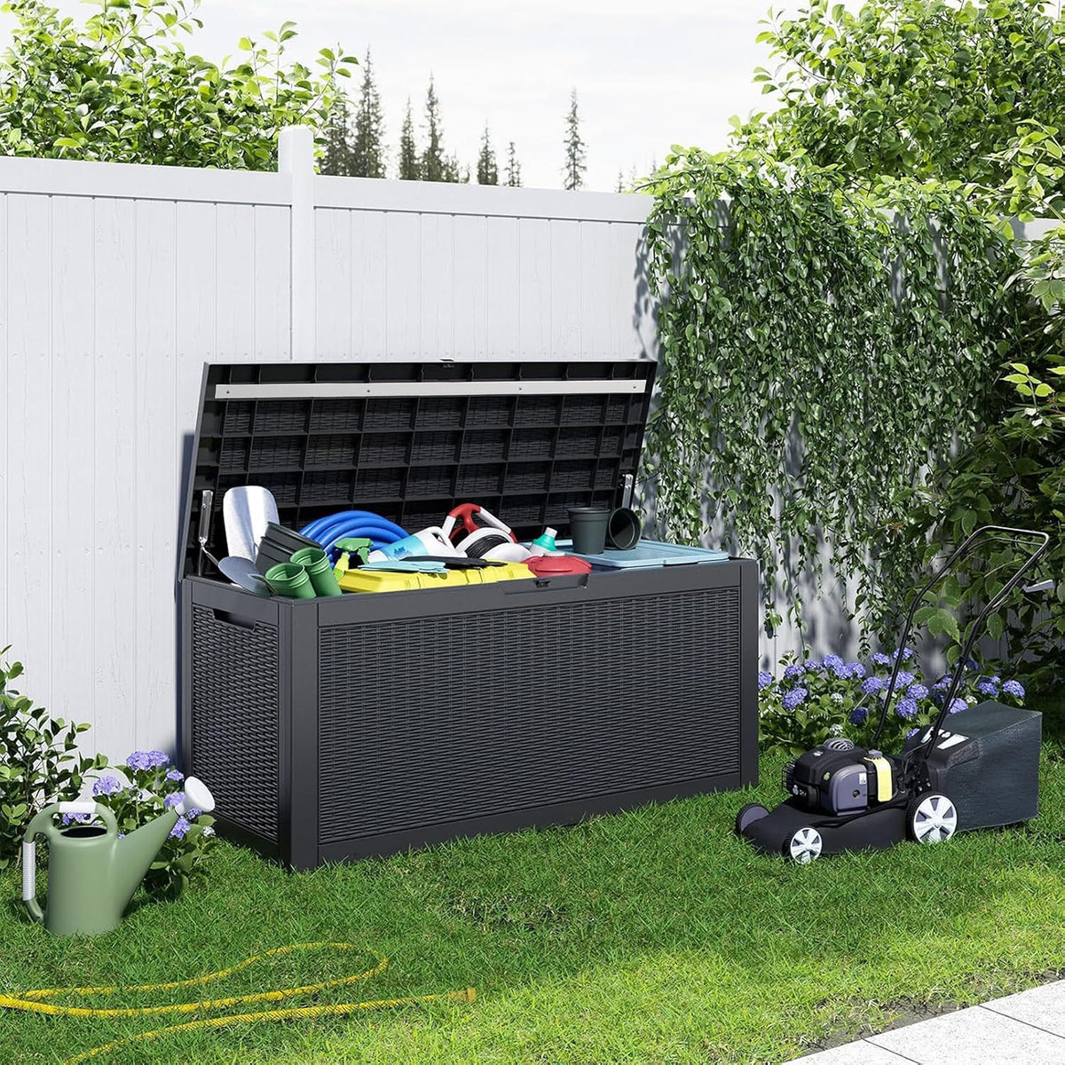PatioZen 150 Gallon Resin Deck Box, Lockable Patio Outdoor Storage Box for Furniture, Garden Tools and Tools Storage, Waterproof Outside Storage Boxes - Black