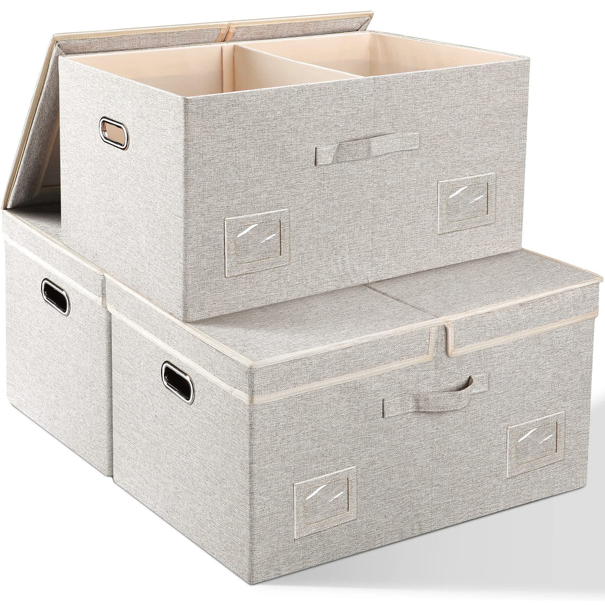 Graciadeco Large Quart Collapsible Stackable Storage Bins with Lids, 3 Packs Beige Linen Fabric Closet Boxes with Lids, Storage Cube Baskets Container Organizers for Bedroom Office(16.6 x 11.7 x 10.8)