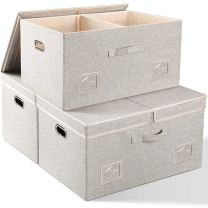 Graciadeco Large Quart Collapsible Stackable Storage Bins with Lids, 3 Packs Beige Linen Fabric Closet Boxes with Lids, Storage Cube Baskets Container Organizers for Bedroom Office(16.6 x 11.7 x 10.8)