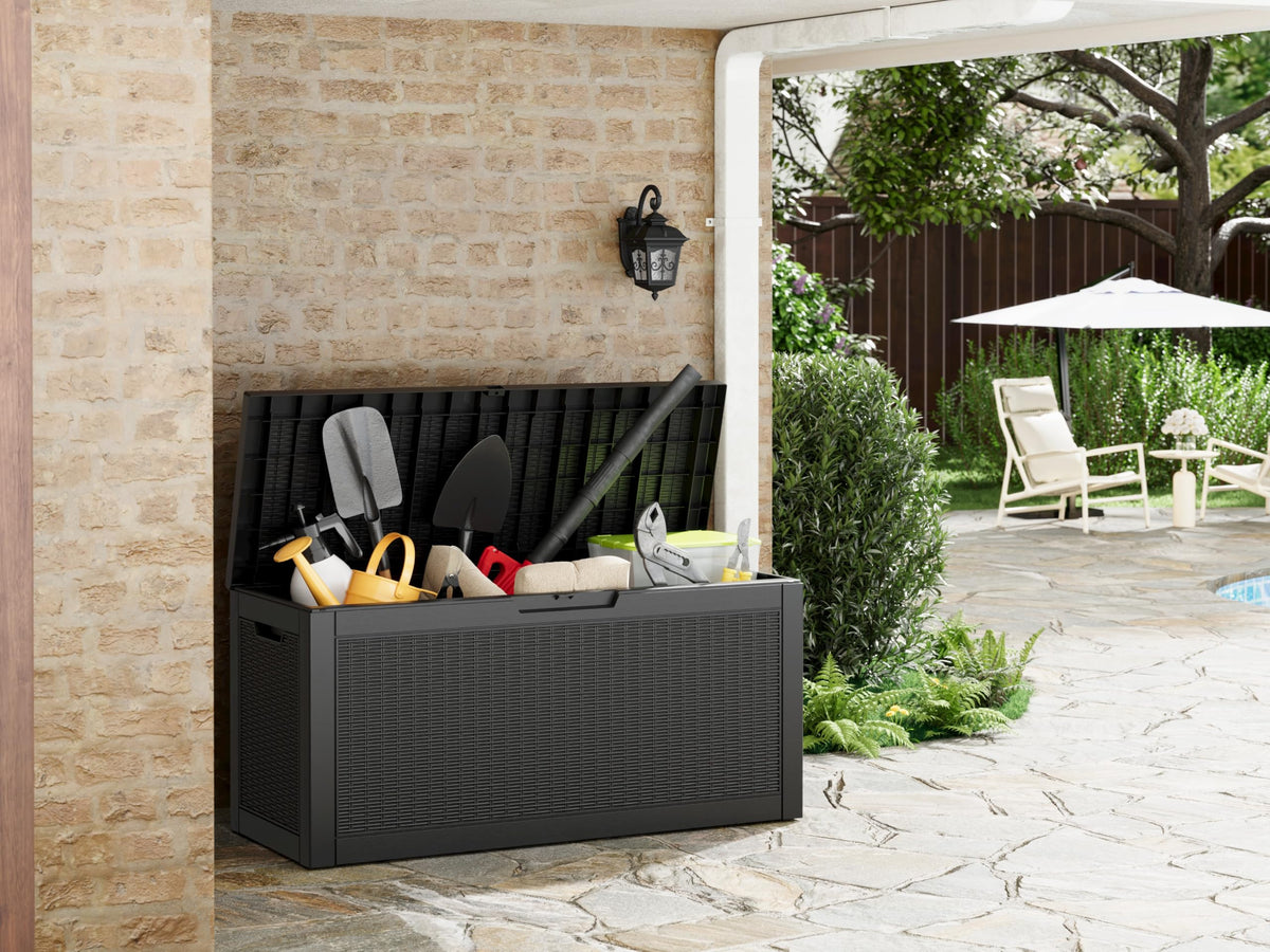 Outdoor Storage Box, Resin Deck Boxes outdoor, Waterproof Storage Box Lockable Lid (Black, 50 Gallon)