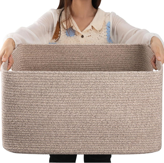 OIAHOMY 75L Large Blanket Basket Woven Cotton Rope Storage Basket Brown