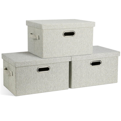Graciadeco Large Quart Collapsible Stackable Storage Bins with Lids, 3 Packs Beige Linen Fabric Closet Boxes with Lids, Storage Cube Baskets Container Organizers for Bedroom Office(16.6 x 11.7 x 10.8)