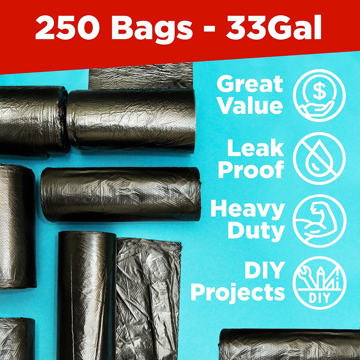 ToughBag 33 Gallon Trash Bags, 250 Count, Black