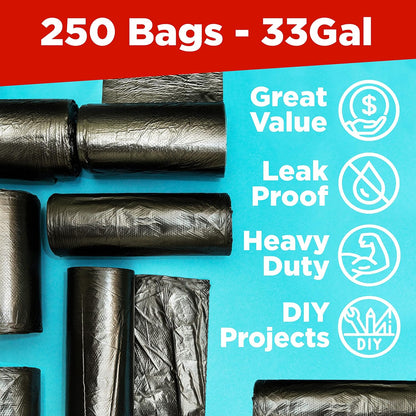 ToughBag 33 Gallon Trash Bags, 250 Count, Black