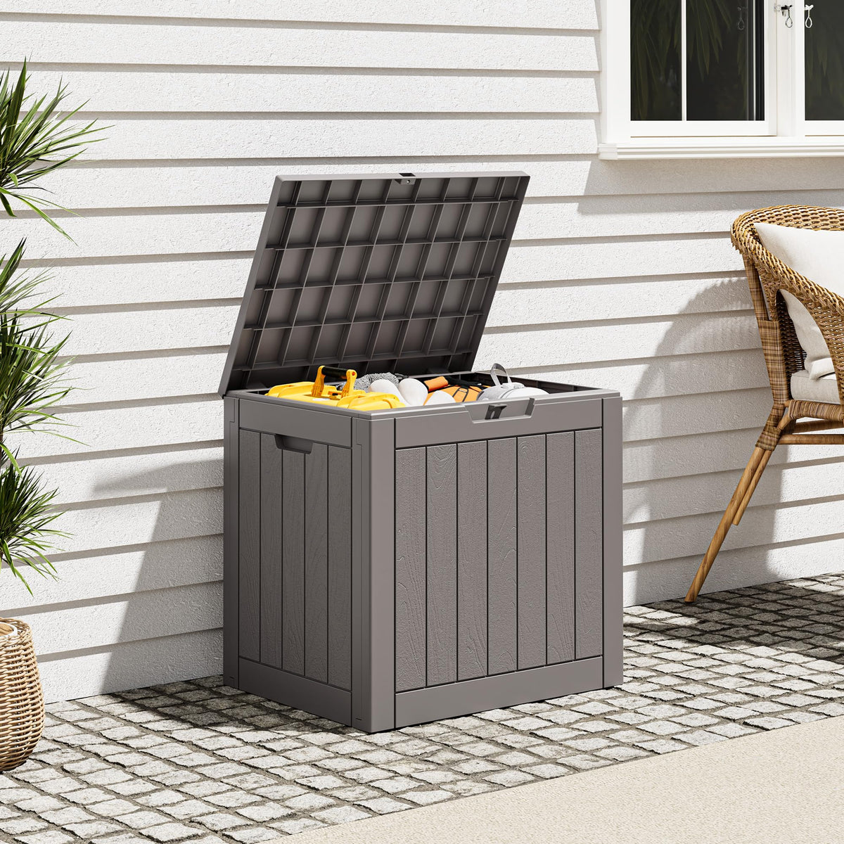 Outdoor Storage Box, Resin Deck Boxes outdoor, Waterproof Storage Box Lockable Lid (Black, 50 Gallon)