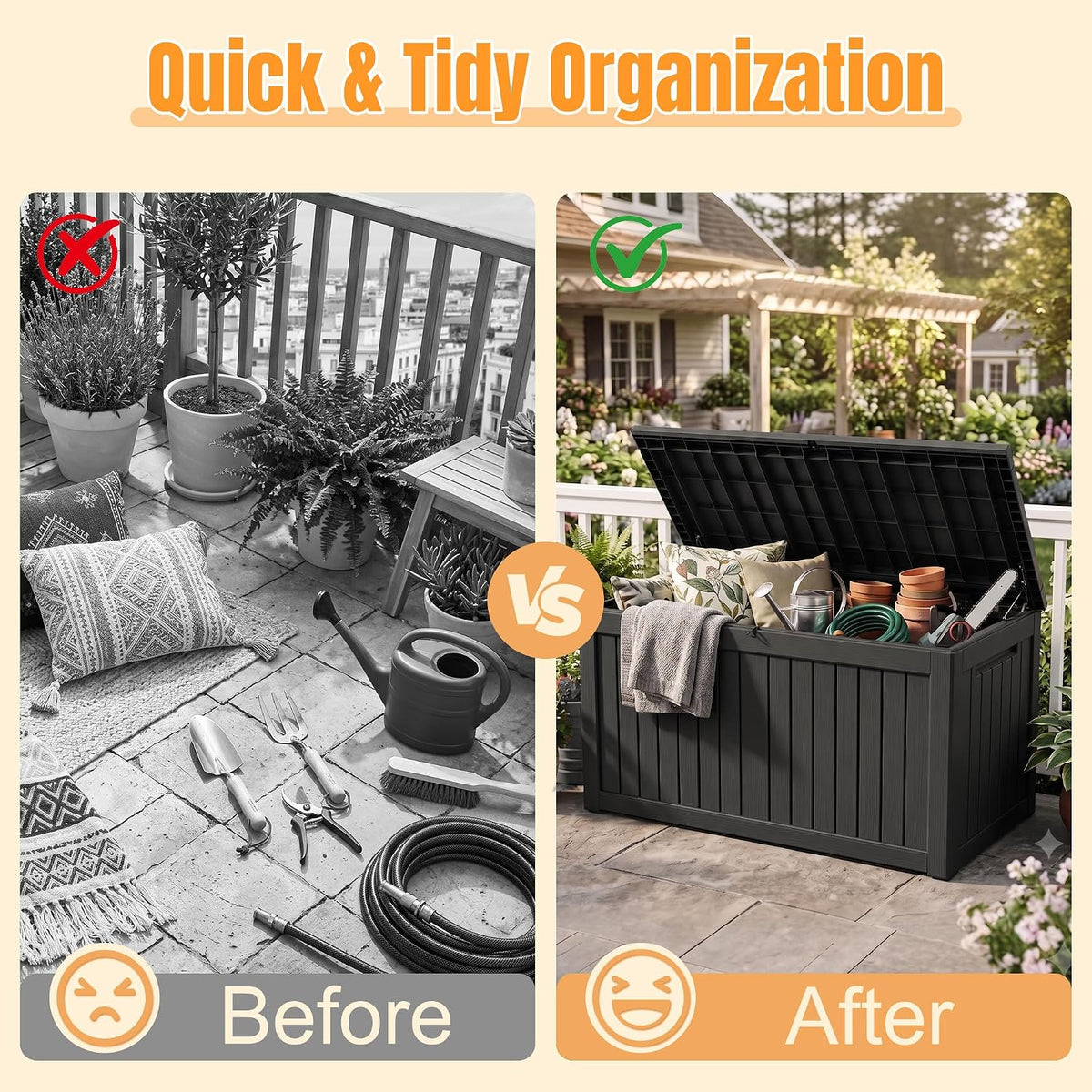 Outdoor Storage Box, 300 Gallon Waterproof Resin Deck Box with Support Rod
