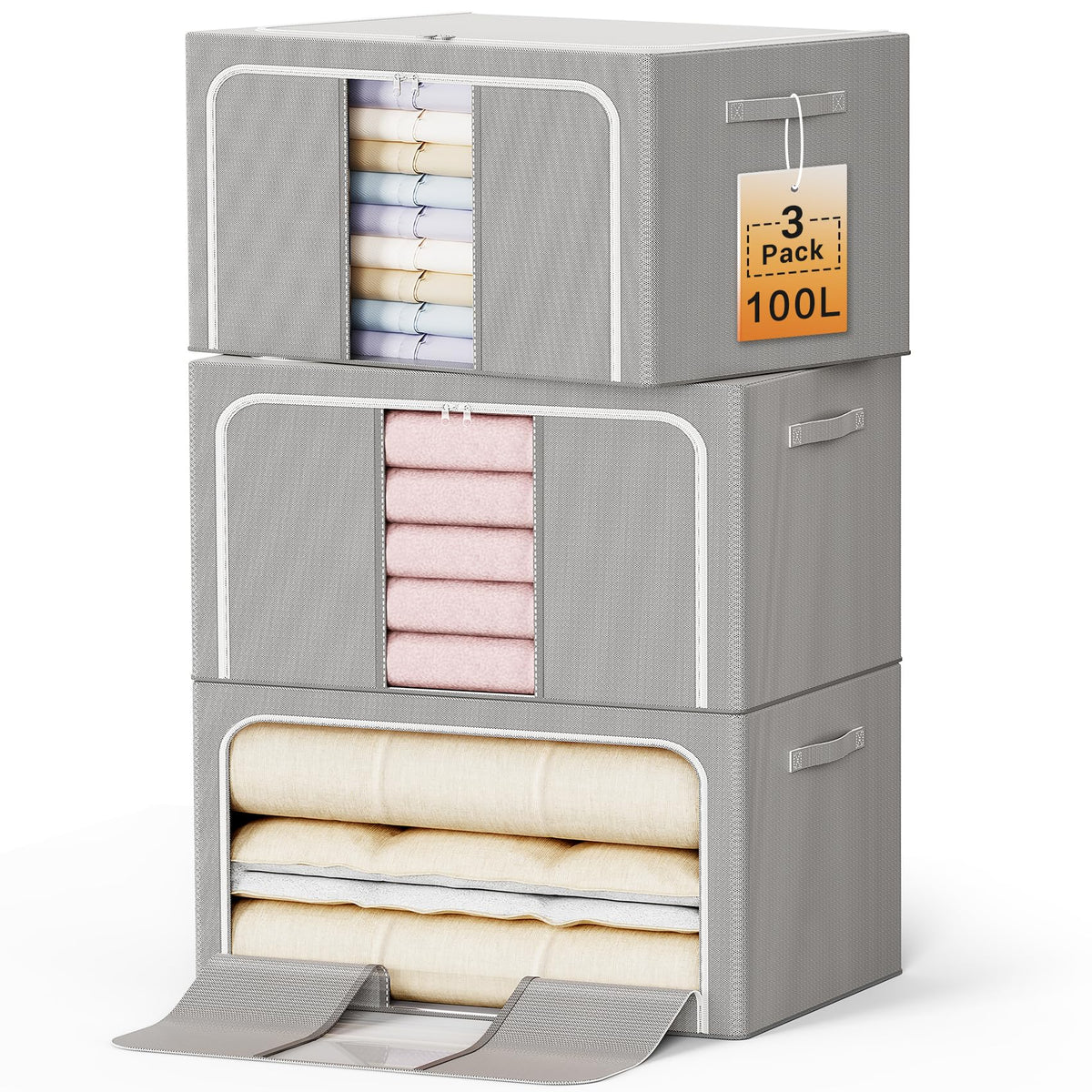 Clothes Storage Bins with Metal Frame Foldable Storage Box Clothes Organizers Storage Containers for Clothes Sheets Blankets Books Toys Gifts and Holiday Decorations (66Lx3 Pack)