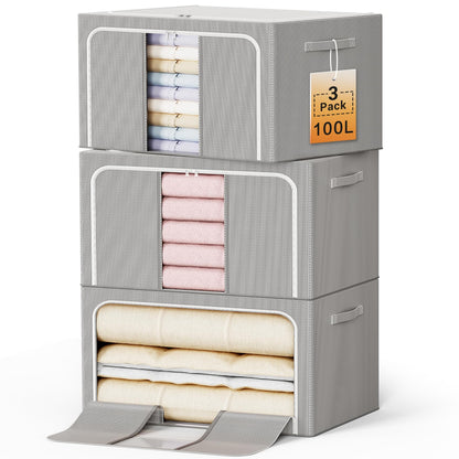 Clothes Storage Bins with Metal Frame Foldable Storage Box Clothes Organizers Storage Containers for Clothes Sheets Blankets Books Toys Gifts and Holiday Decorations (66Lx3 Pack)